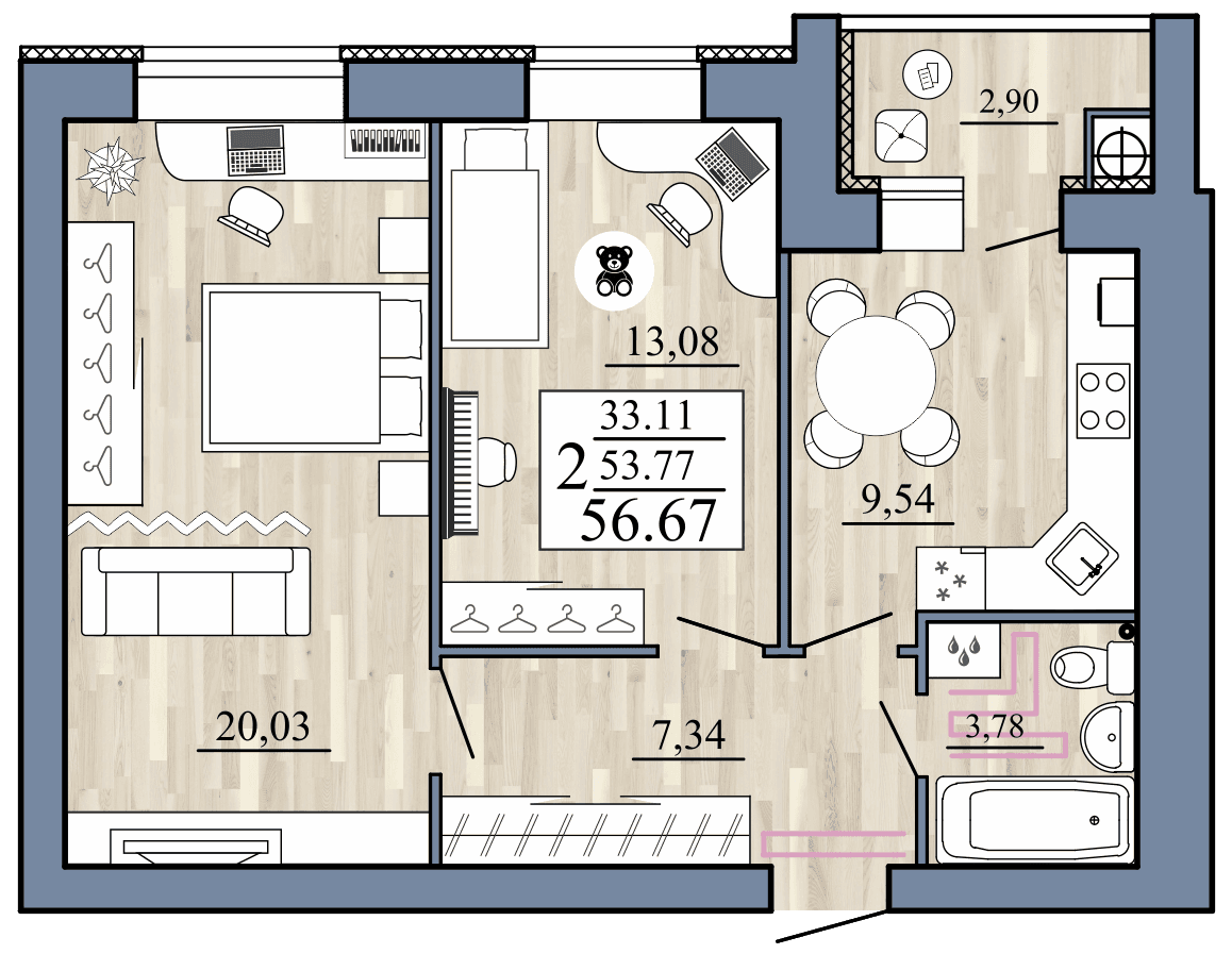 2-комнатная, 56.67 м² — изображение 1