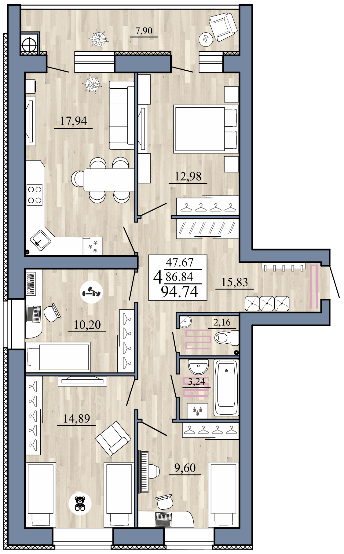 3-комнатная, 94.74 м² — изображение 1