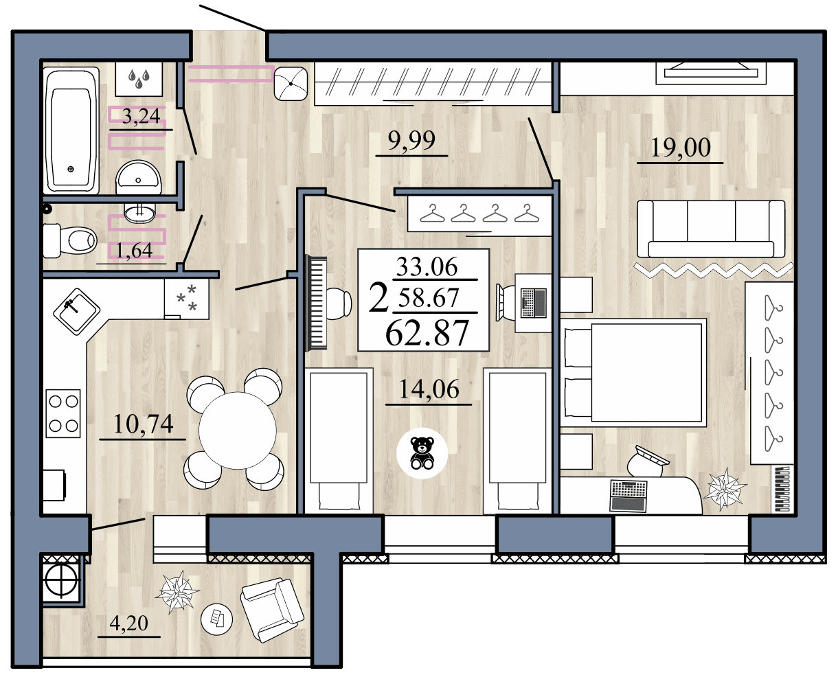 2-комнатная, 62.87 м² — изображение 1