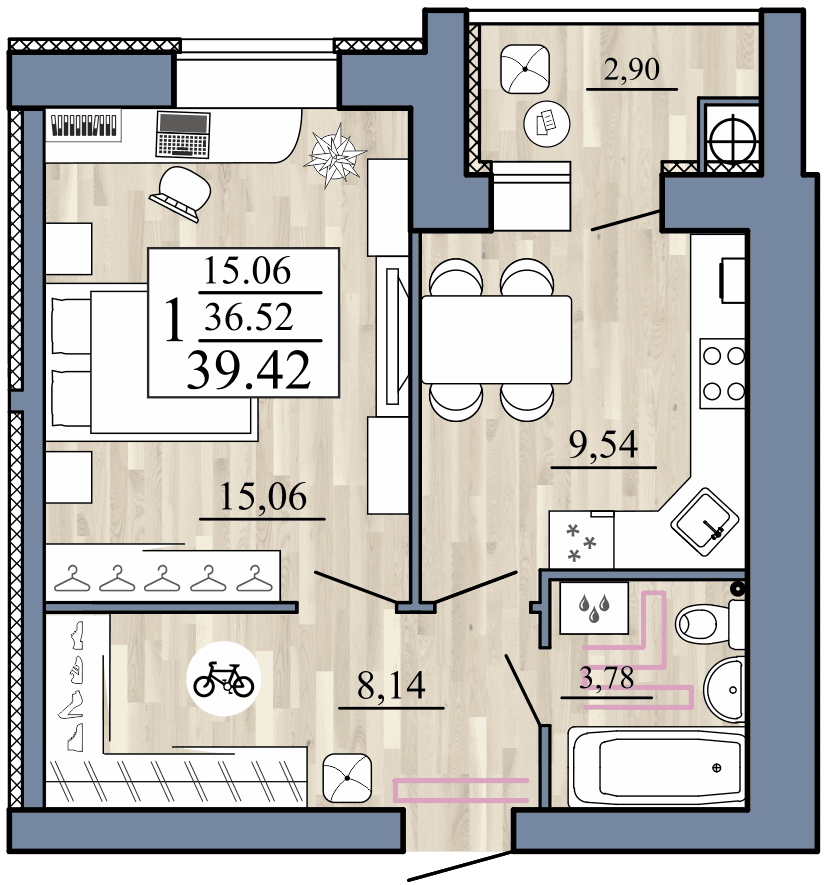 1-комнатная, 39.42 м² — изображение 1