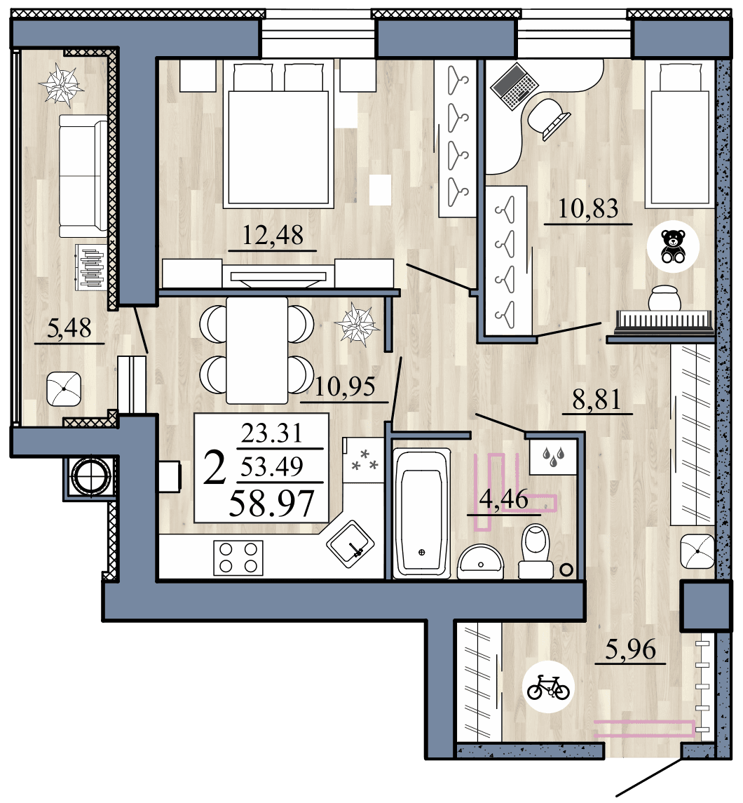 2-комнатная, 58.97 м² — изображение 1