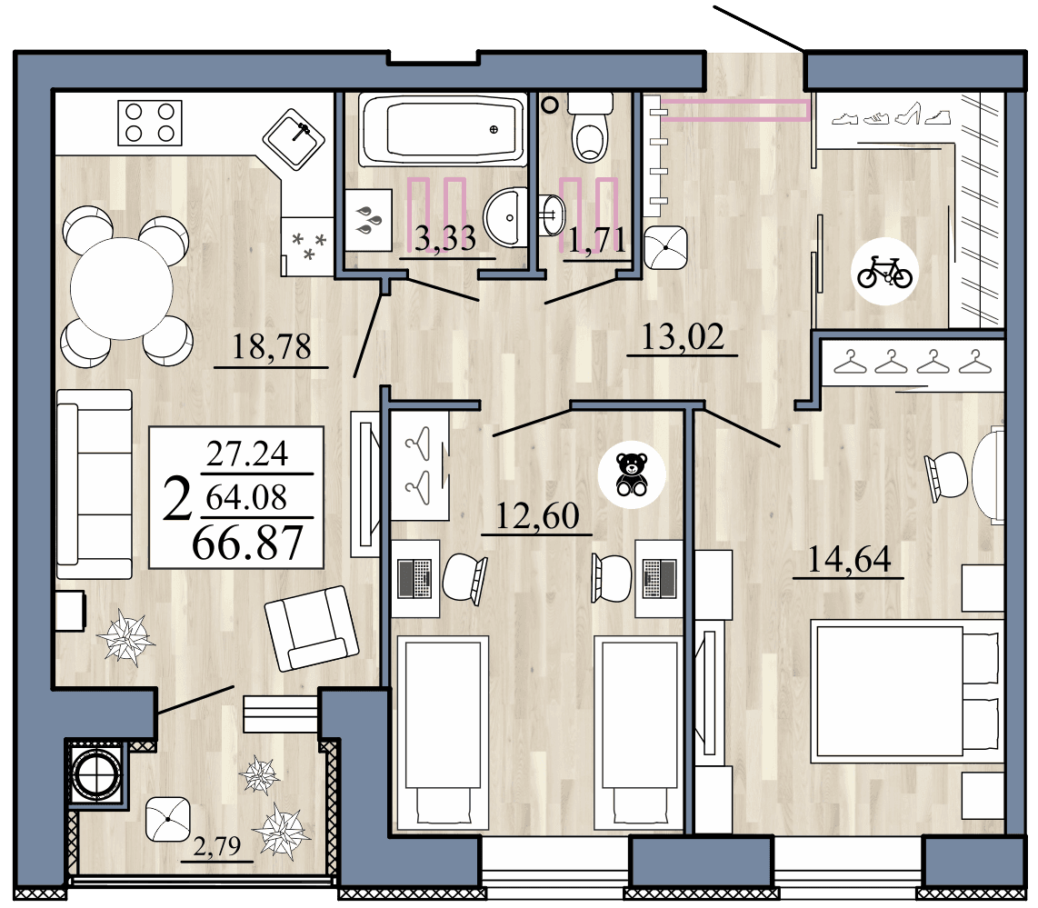 2-комнатная, 66.87 м² — изображение 1