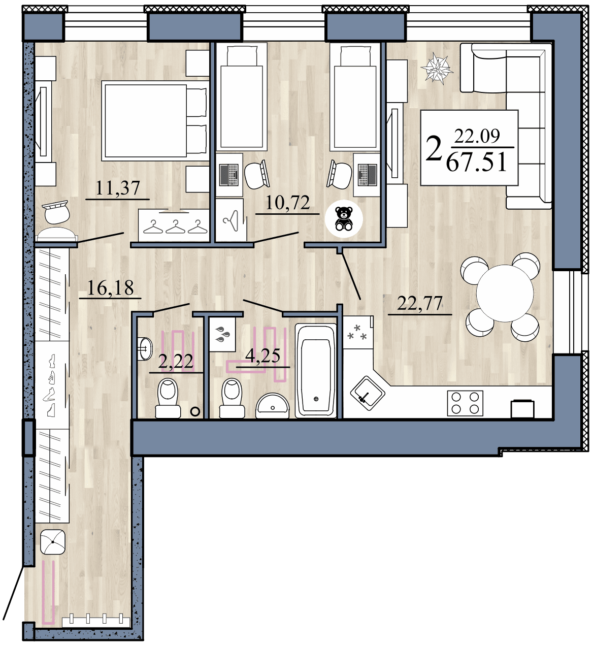 2-комнатная, 67.52 м² — изображение 1