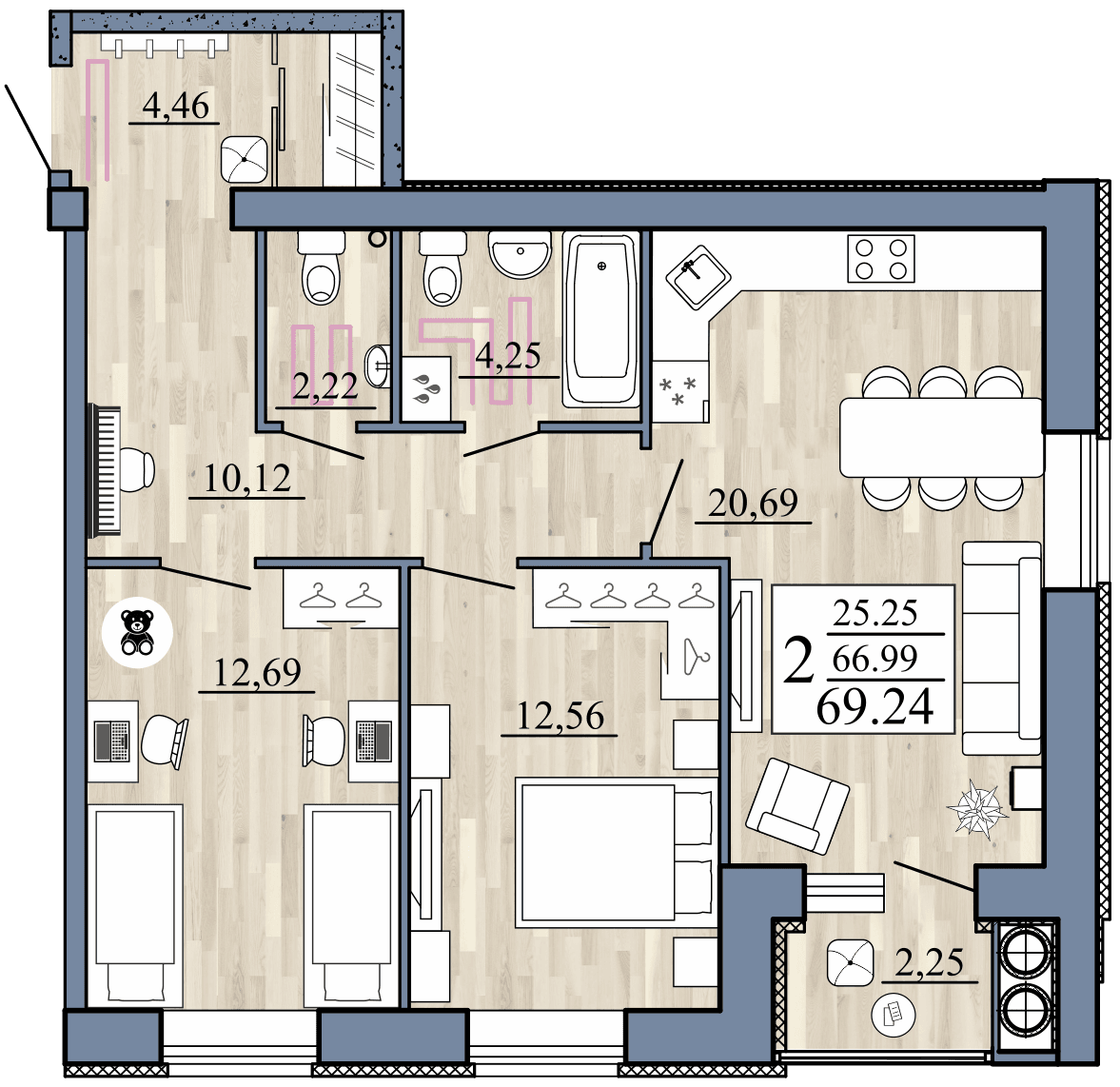 2-комнатная, 69.24 м² — изображение 1