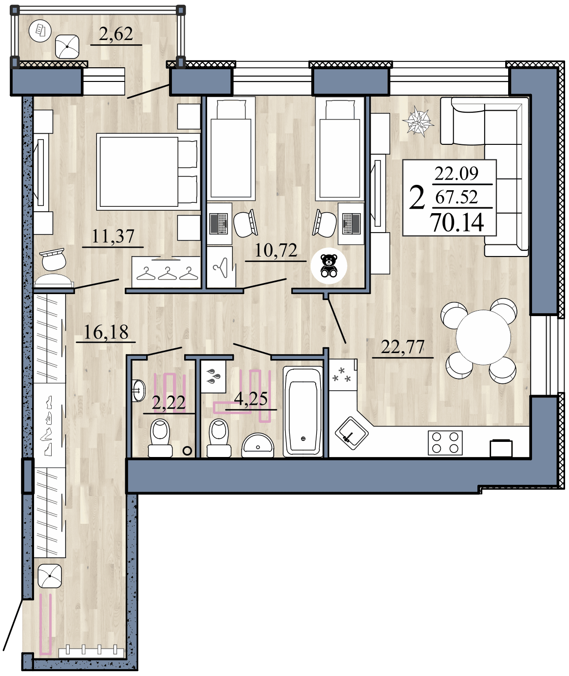 2-комнатная, 70.14 м² — изображение 1