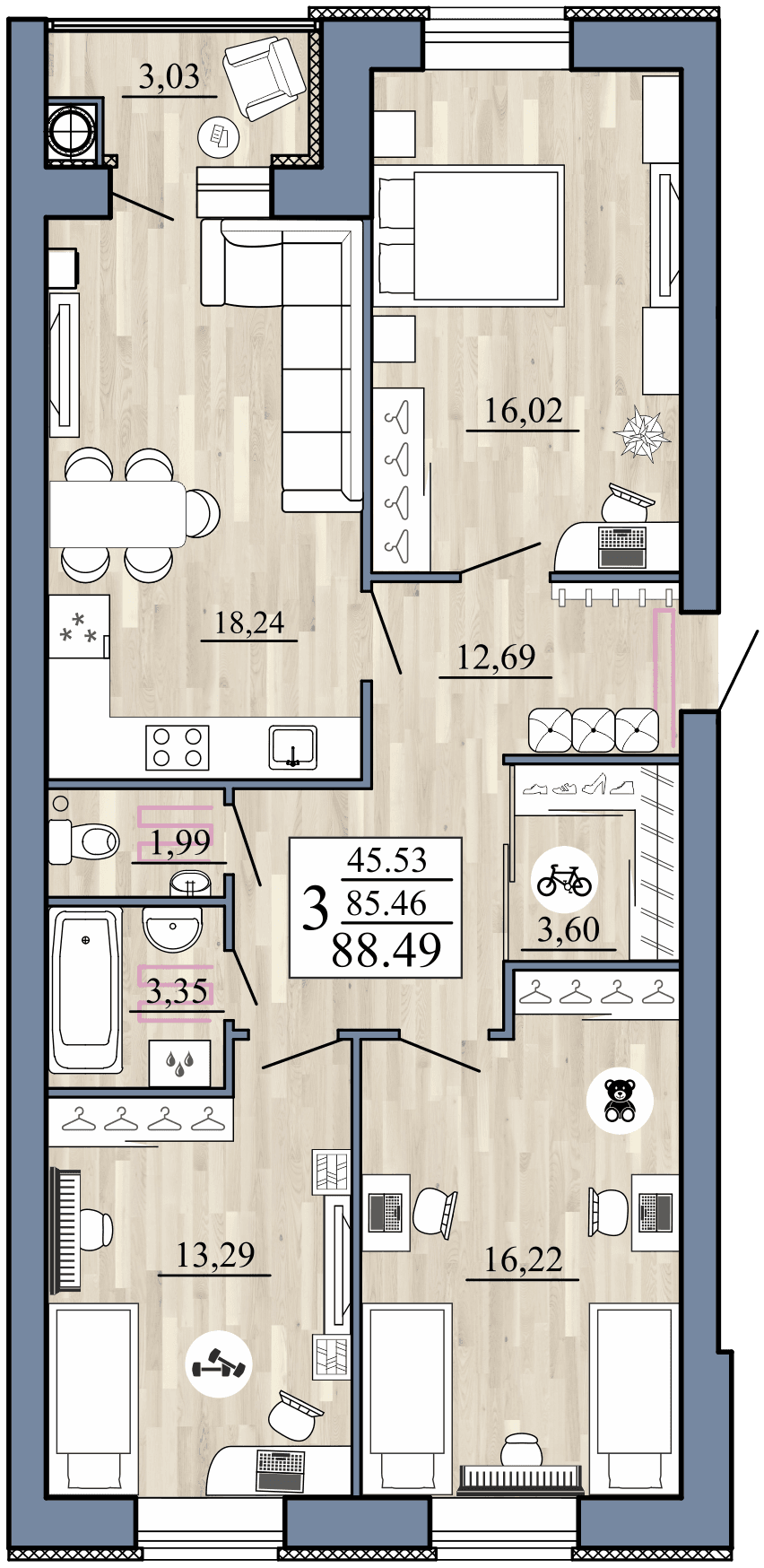 3-комнатная, 88.49 м² — изображение 1