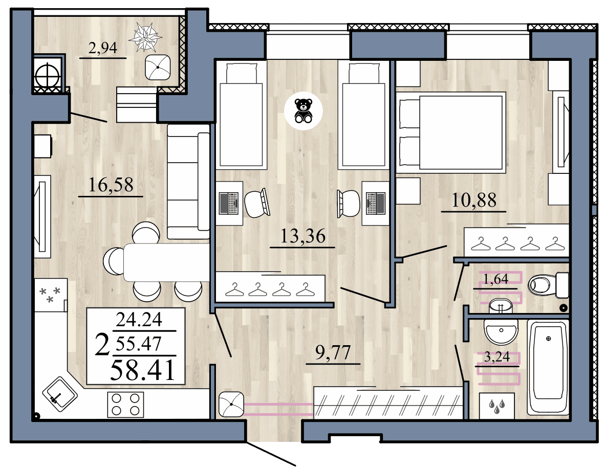 2-комнатная, 58.41 м² — изображение 1