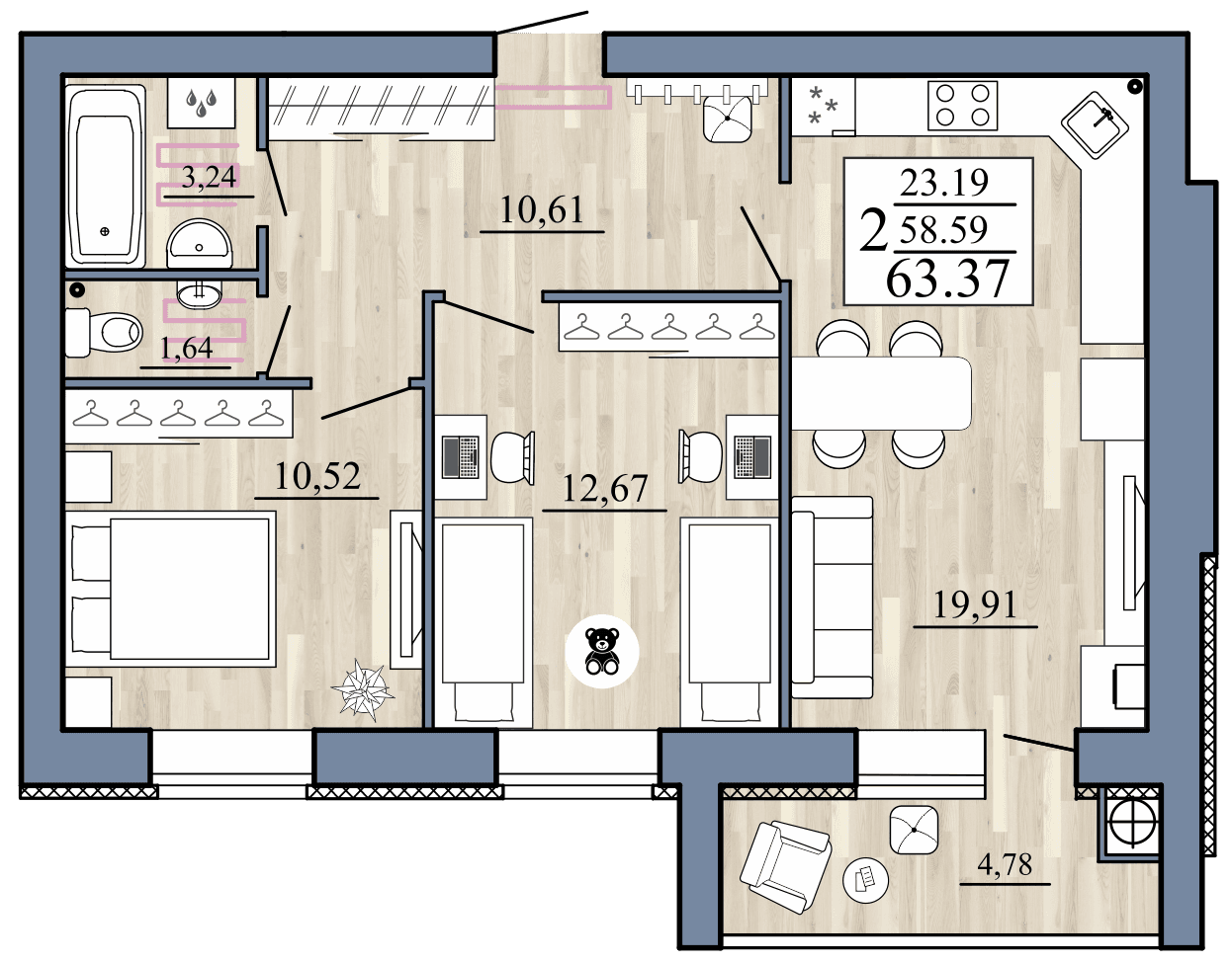 2-комнатная, 63.37 м² — изображение 1