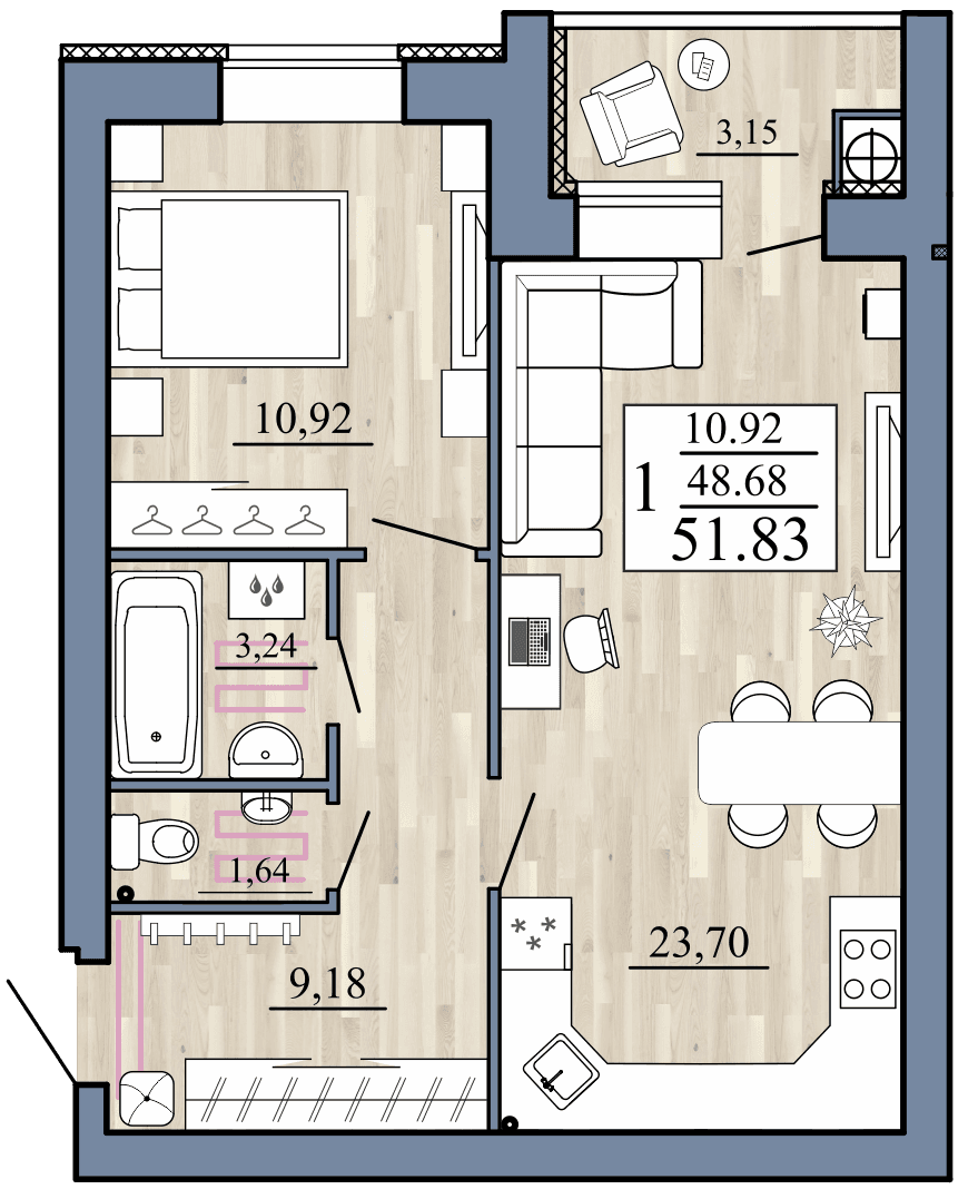 1-комнатная, 51.83 м² — изображение 1
