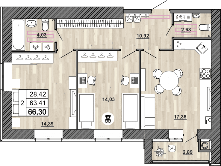 2-комнатная, 66.3 м² — изображение 1