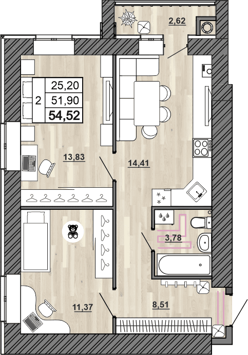 2-комнатная, 54.52 м² — изображение 1