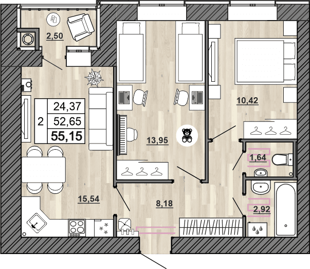 2-комнатная, 55.15 м² — изображение 1