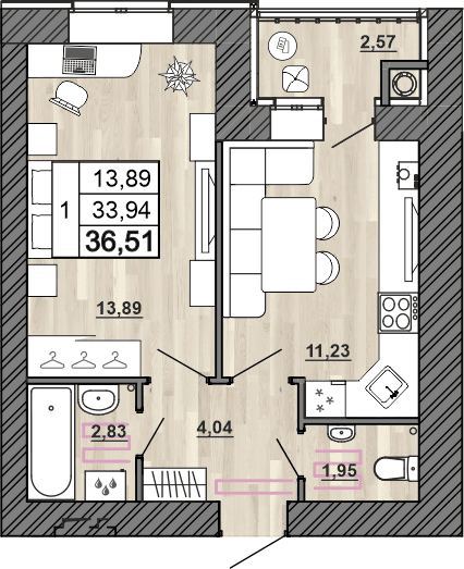 1-комнатная, 36.51 м² — изображение 1