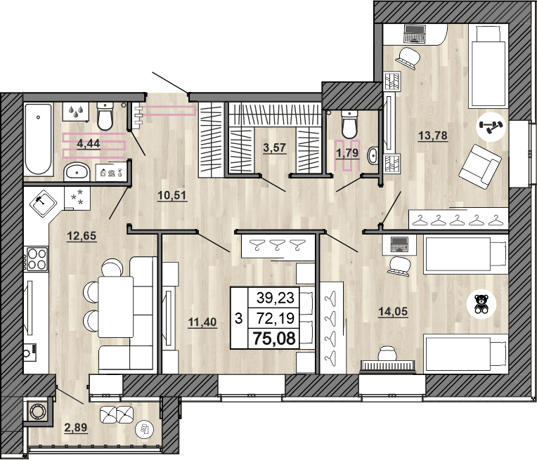 3-комнатная, 75.08 м² — изображение 1
