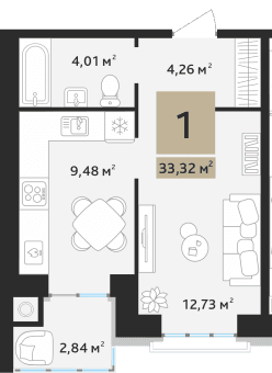 1-комнатная, 33.32 м² — изображение 1
