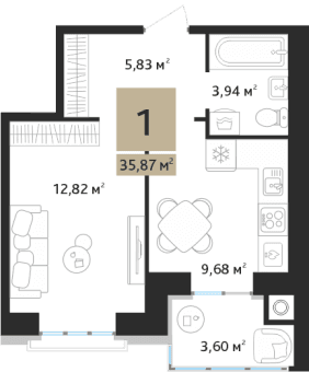1-комнатная, 35.87 м² — изображение 1