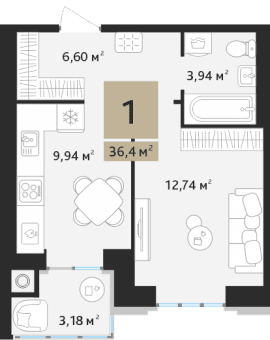 1-комнатная, 36.4 м² — изображение 1