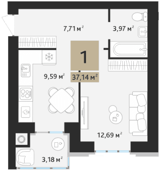 1-комнатная, 37.14 м² — изображение 1