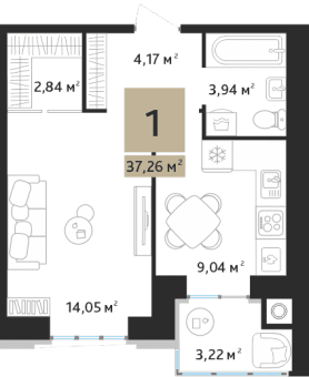 1-комнатная, 37.26 м² — изображение 1