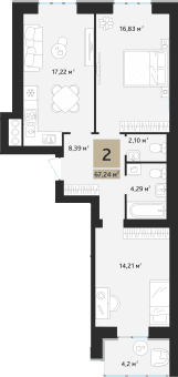2-комнатная, 67.24 м² — изображение 1