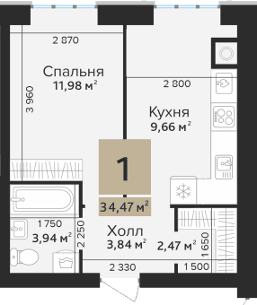 1-комнатная, 34.47 м² — изображение 1