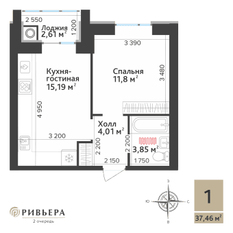 1-комнатная, 37.46 м² — изображение 1
