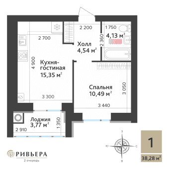 1-комнатная, 38.28 м² — изображение 1
