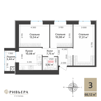 3-комнатная, 66.12 м² — изображение 1