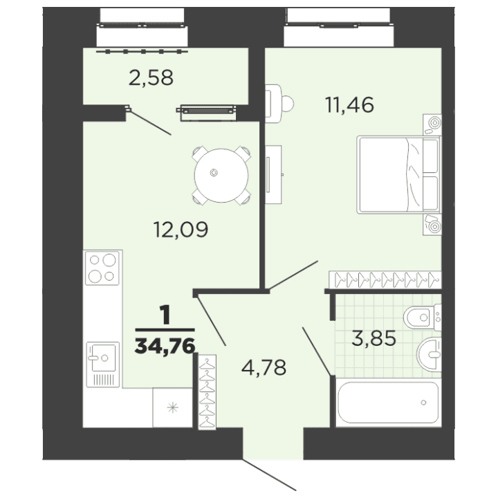 1-комнатная, 34.76 м² — изображение 1