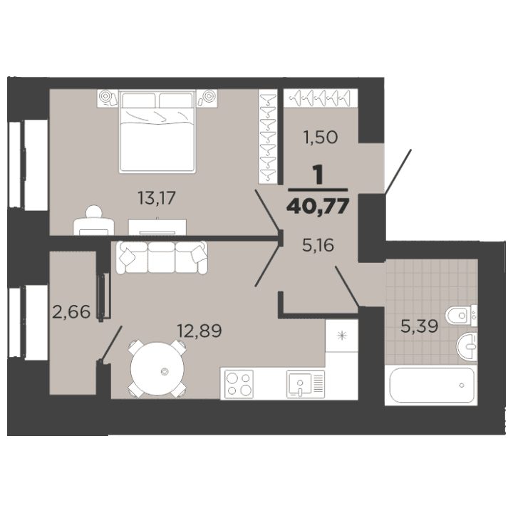 1-комнатная, 40.77 м² — изображение 1