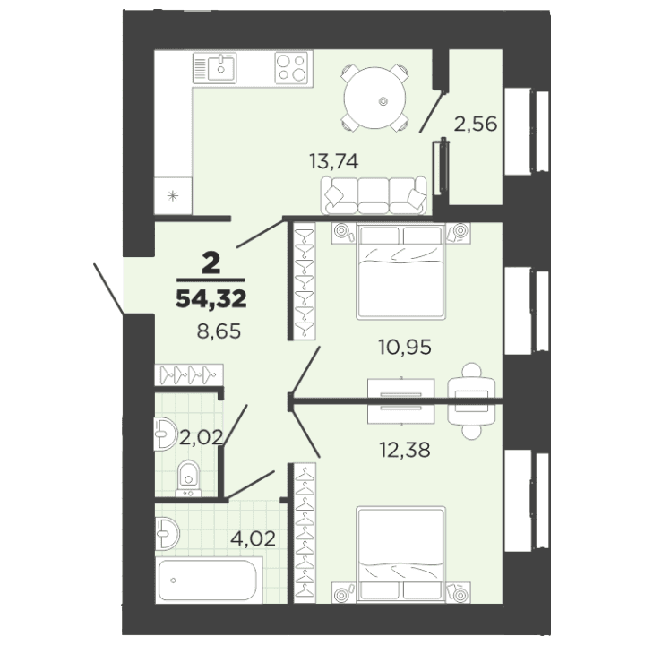 2-комнатная, 54.32 м² — изображение 1