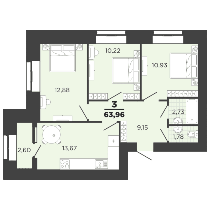 3-комнатная, 63.96 м² — изображение 1