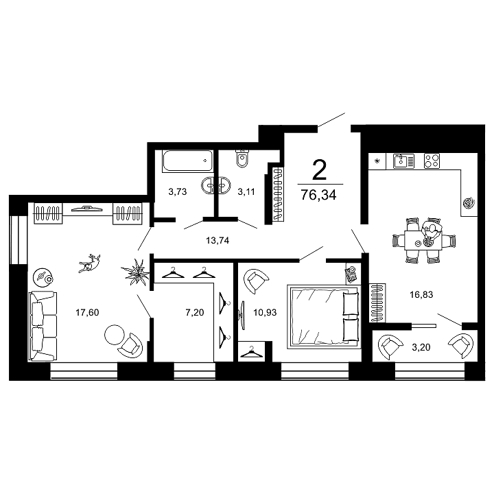 2-комнатная, 76.34 м² — изображение 1