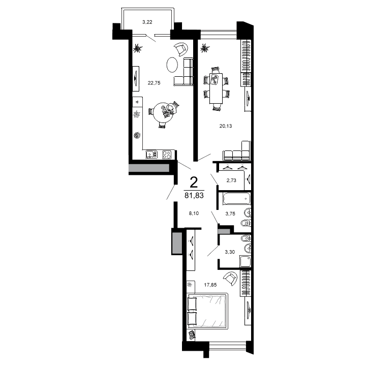 2-комнатная, 81.83 м² — изображение 1