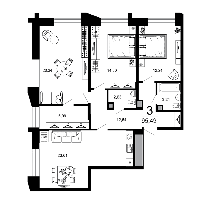 3-комнатная, 95.49 м² — изображение 1