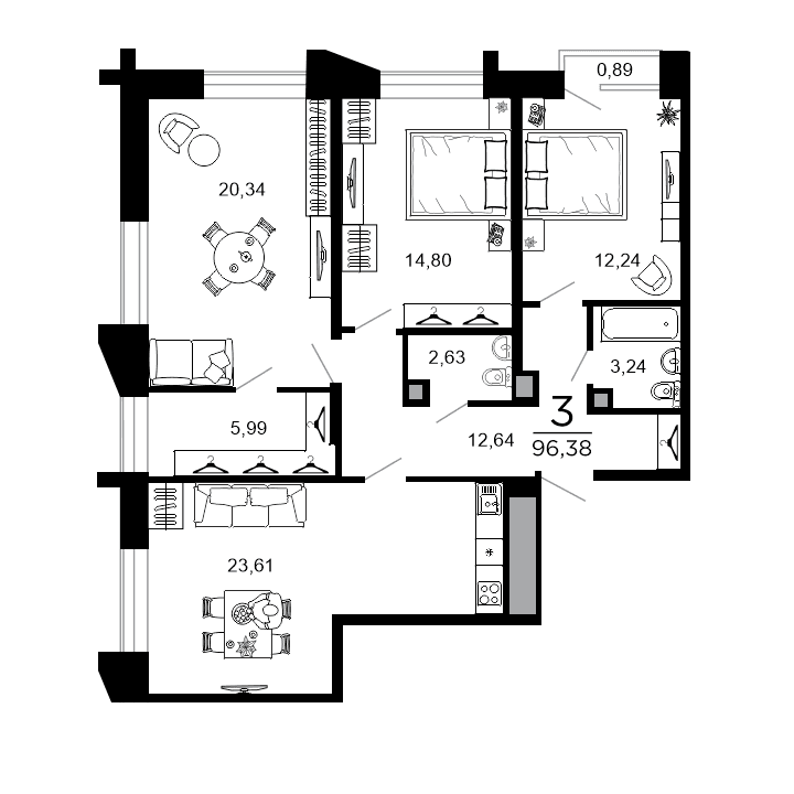 3-комнатная, 96.38 м² — изображение 1