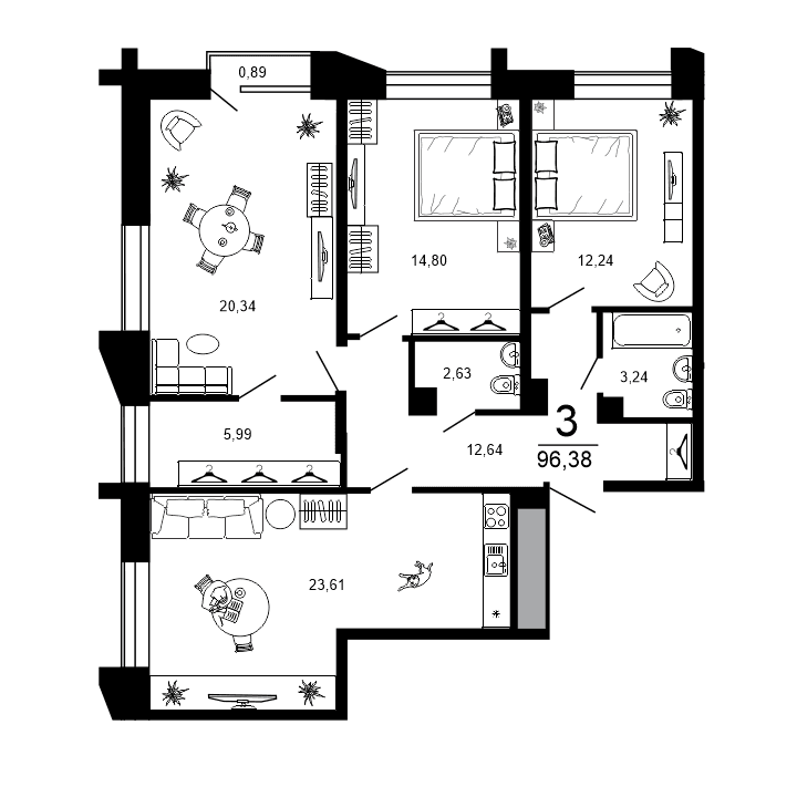 3-комнатная, 96.38 м² — изображение 1