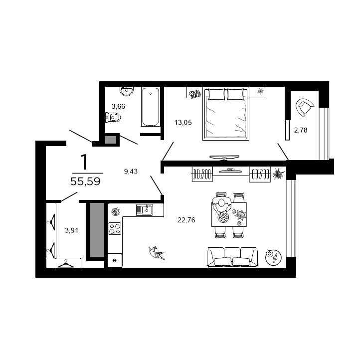 1-комнатная, 55.59 м² — изображение 1