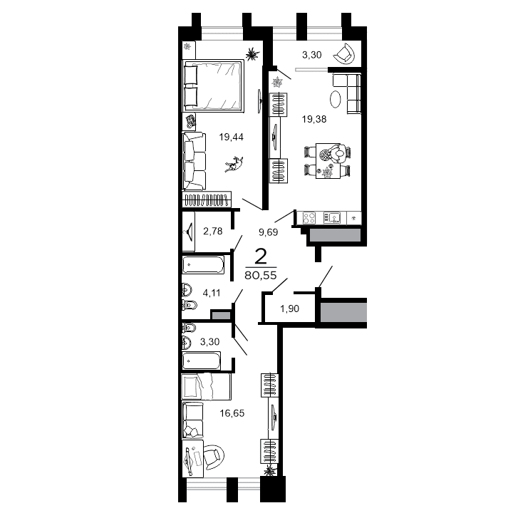2-комнатная, 80.55 м² — изображение 1