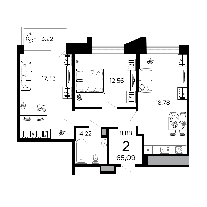 2-комнатная, 65.09 м² — изображение 1
