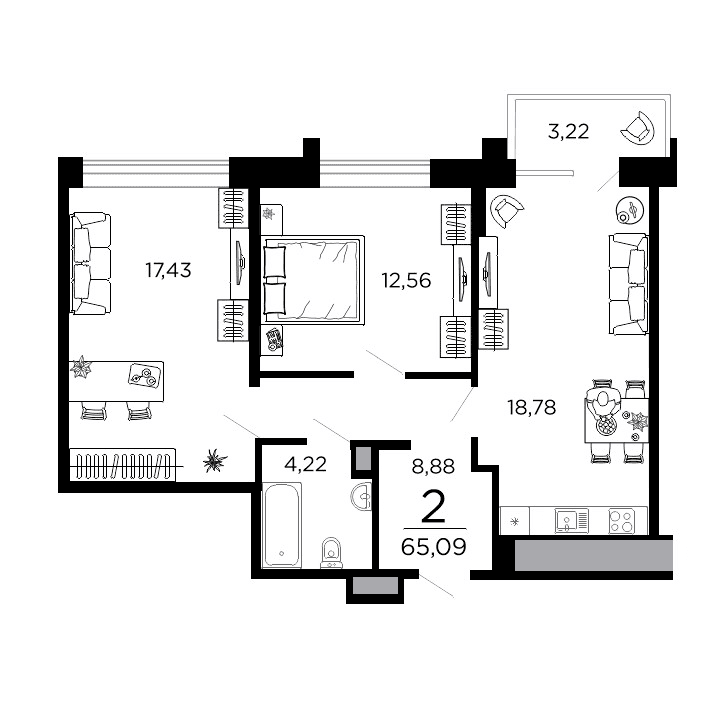 2-комнатная, 65.09 м² — изображение 1