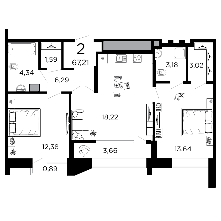 2-комнатная, 67.21 м² — изображение 1