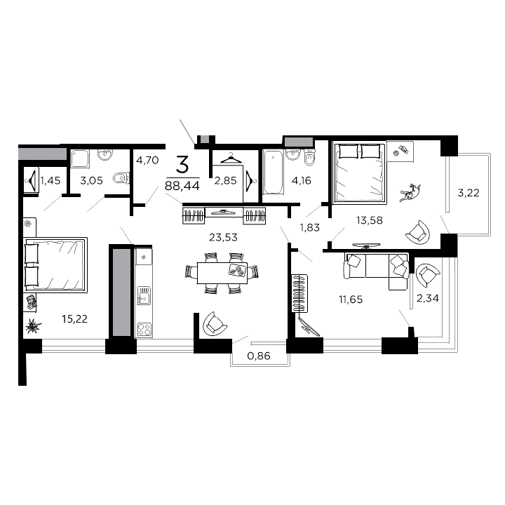 3-комнатная, 88.44 м² — изображение 1