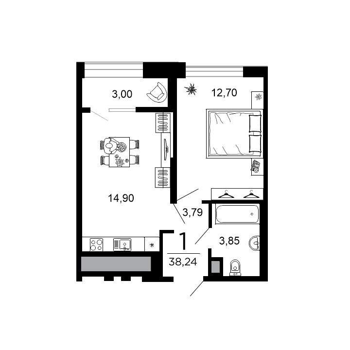 1-комнатная, 38.24 м² — изображение 1