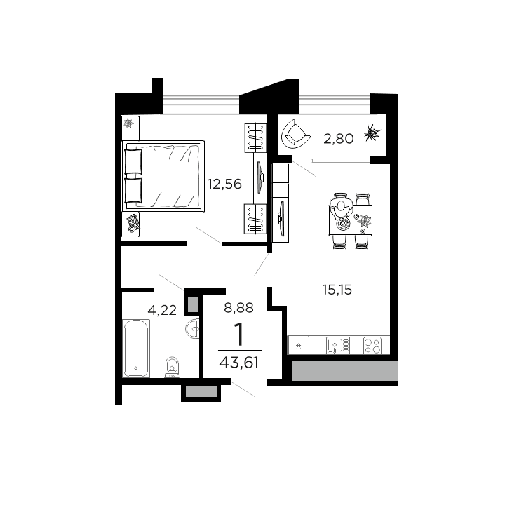 1-комнатная, 43.61 м² — изображение 1