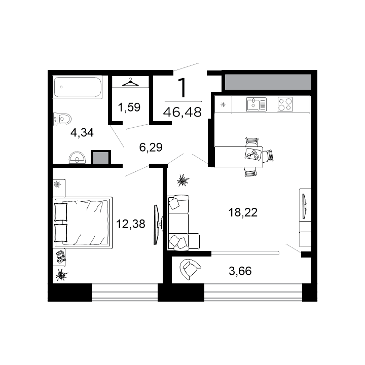 1-комнатная, 46.48 м² — изображение 1
