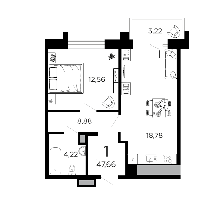 1-комнатная, 47.66 м² — изображение 1