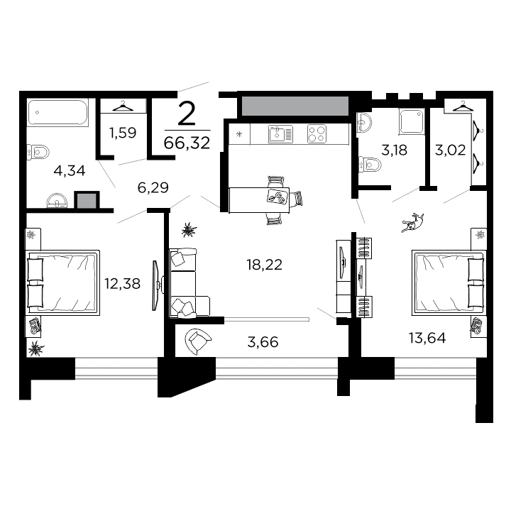 2-комнатная, 66.32 м² — изображение 1