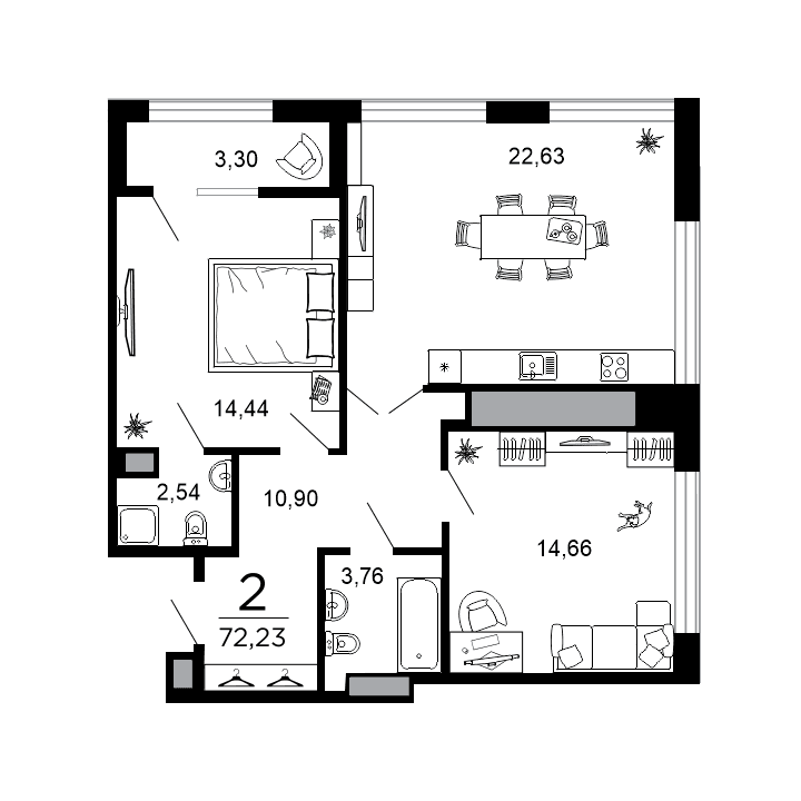 2-комнатная, 72.23 м² — изображение 1