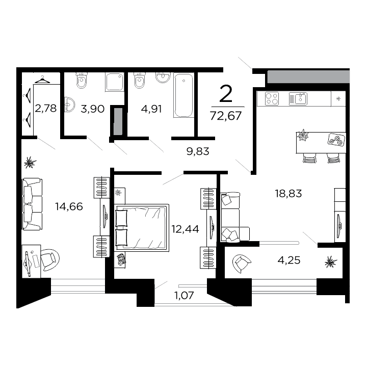 2-комнатная, 72.67 м² — изображение 1